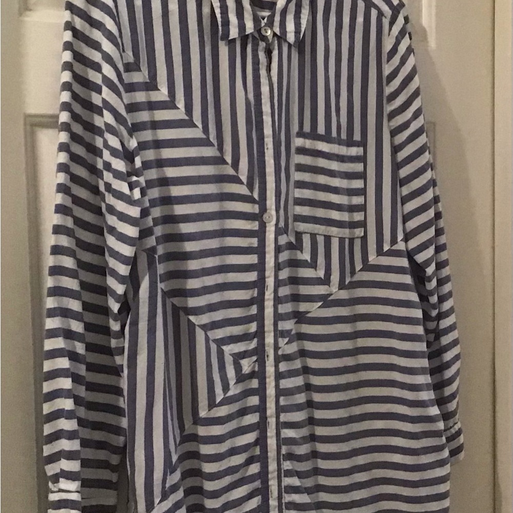 Chicos Tunic Shirt Womens 2/12-14 Blue White Striped Pockets Lyocell Button Up